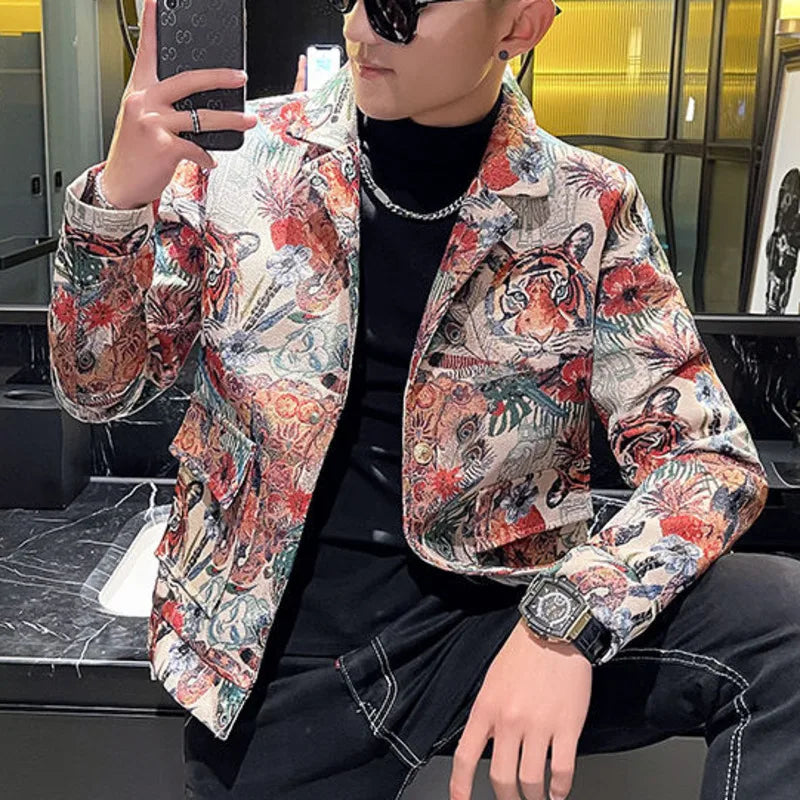 Men's Fashion Tiger Printed Single-Breasted Business Casual Lapel Blazer