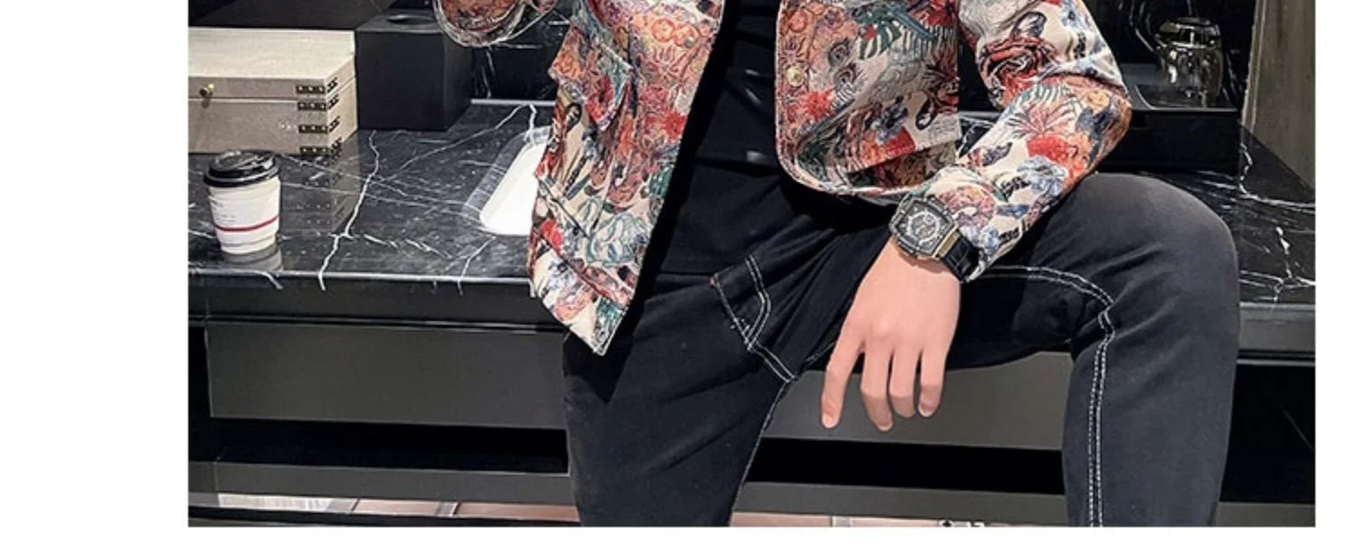 Men's Fashion Tiger Printed Single-Breasted Business Casual Lapel Blazer