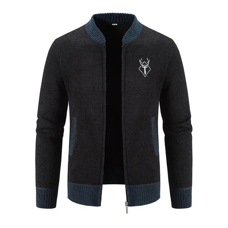 Men's Retro Colorblock Stand Collar Embroidered Warm Cardigan 08327801Y