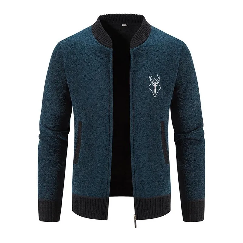 Men's Retro Colorblock Stand Collar Embroidered Warm Cardigan 08327801Y