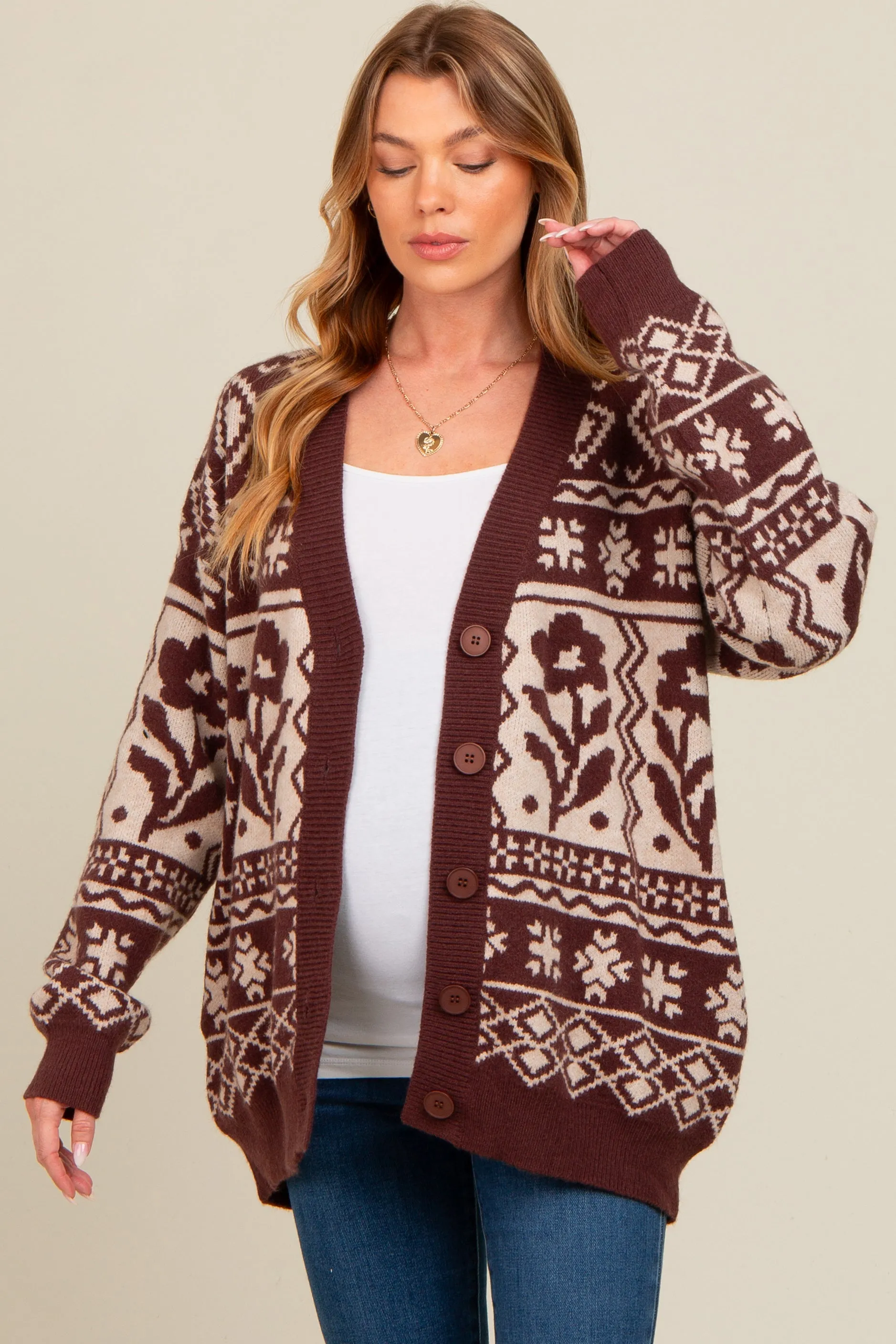 Mocha Printed Maternity Button Up Cardigan