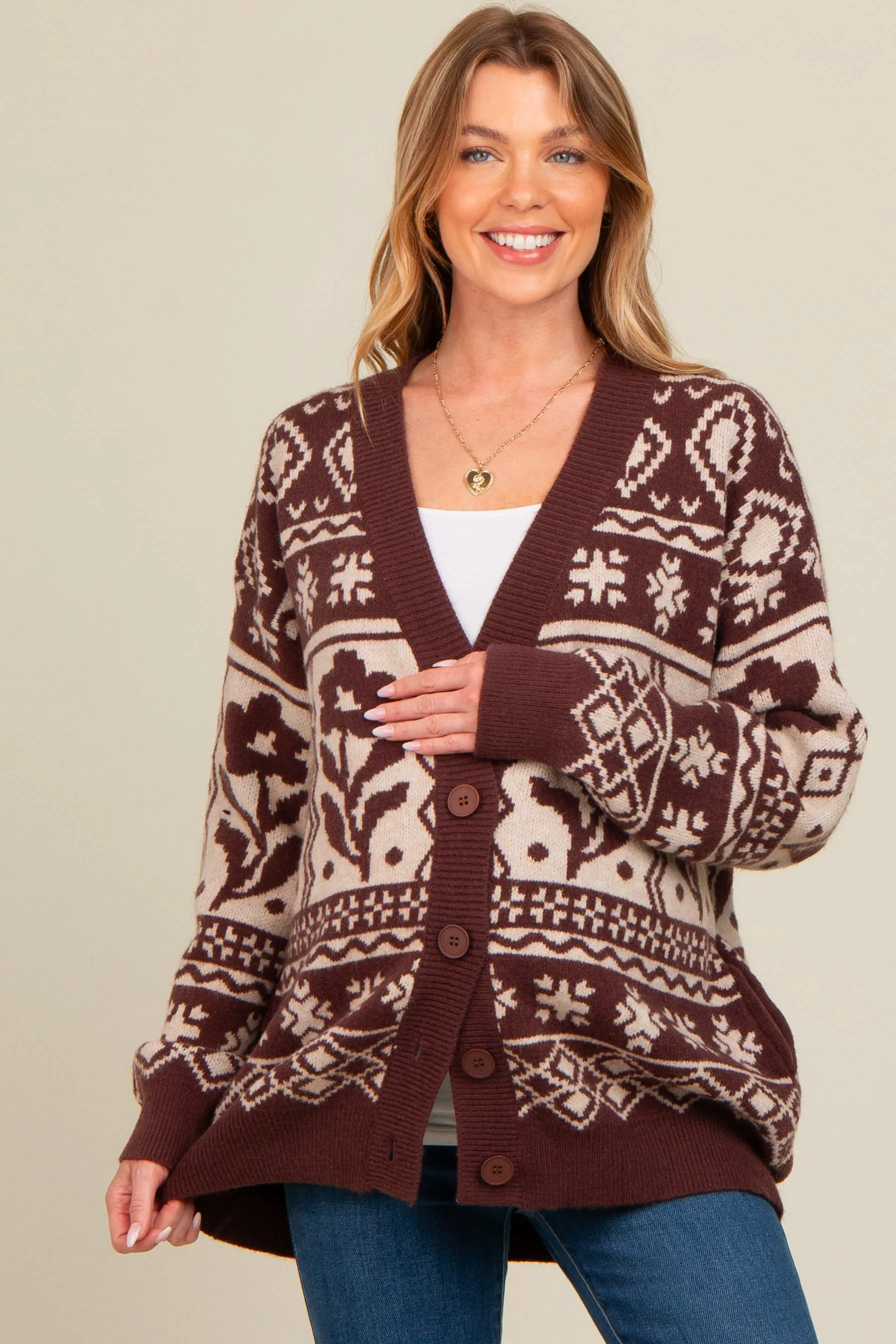 Mocha Printed Maternity Button Up Cardigan