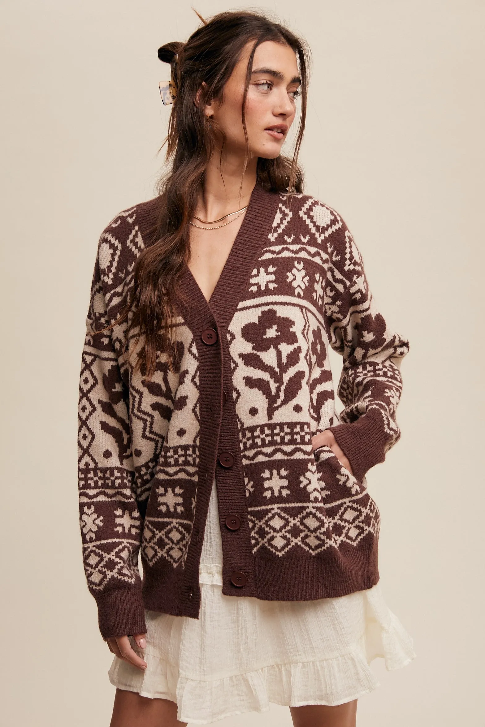 Mocha Printed Maternity Button Up Cardigan