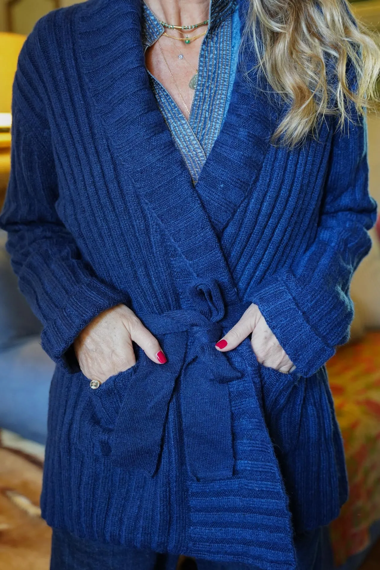 Navy Wrap Ribbed Coat