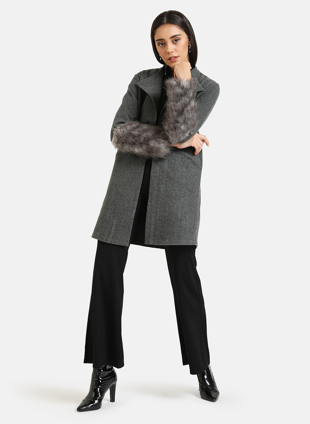 Overcoat With Fur Detailed Sleeve