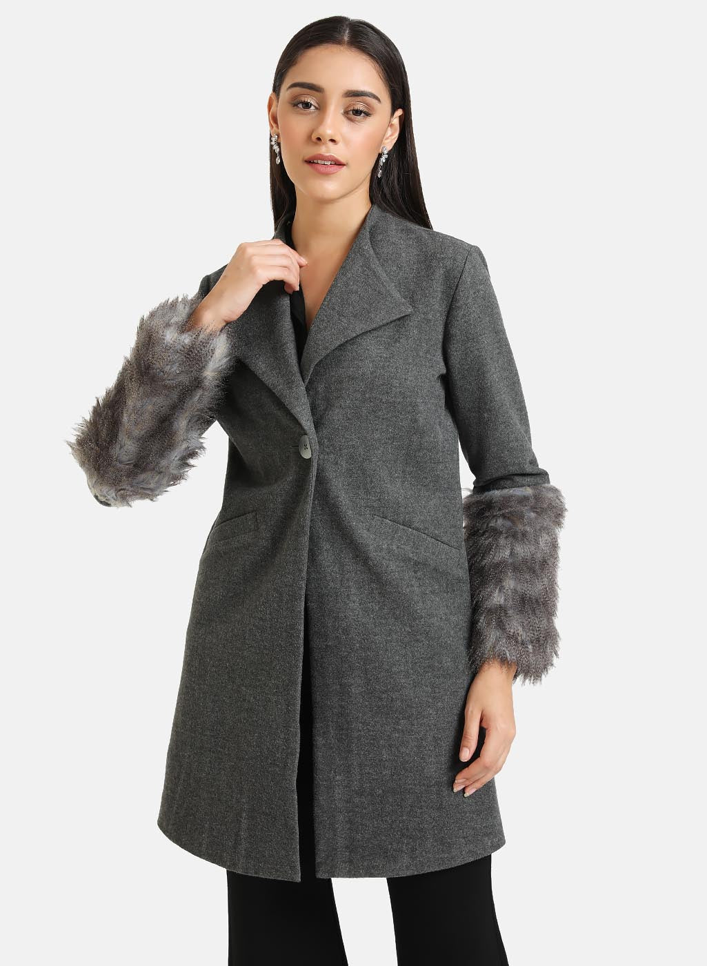 Overcoat With Fur Detailed Sleeve