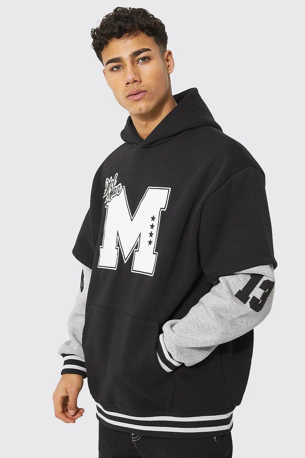 Oversized Faux Layer M Badge Hoodie | boohooMAN UK