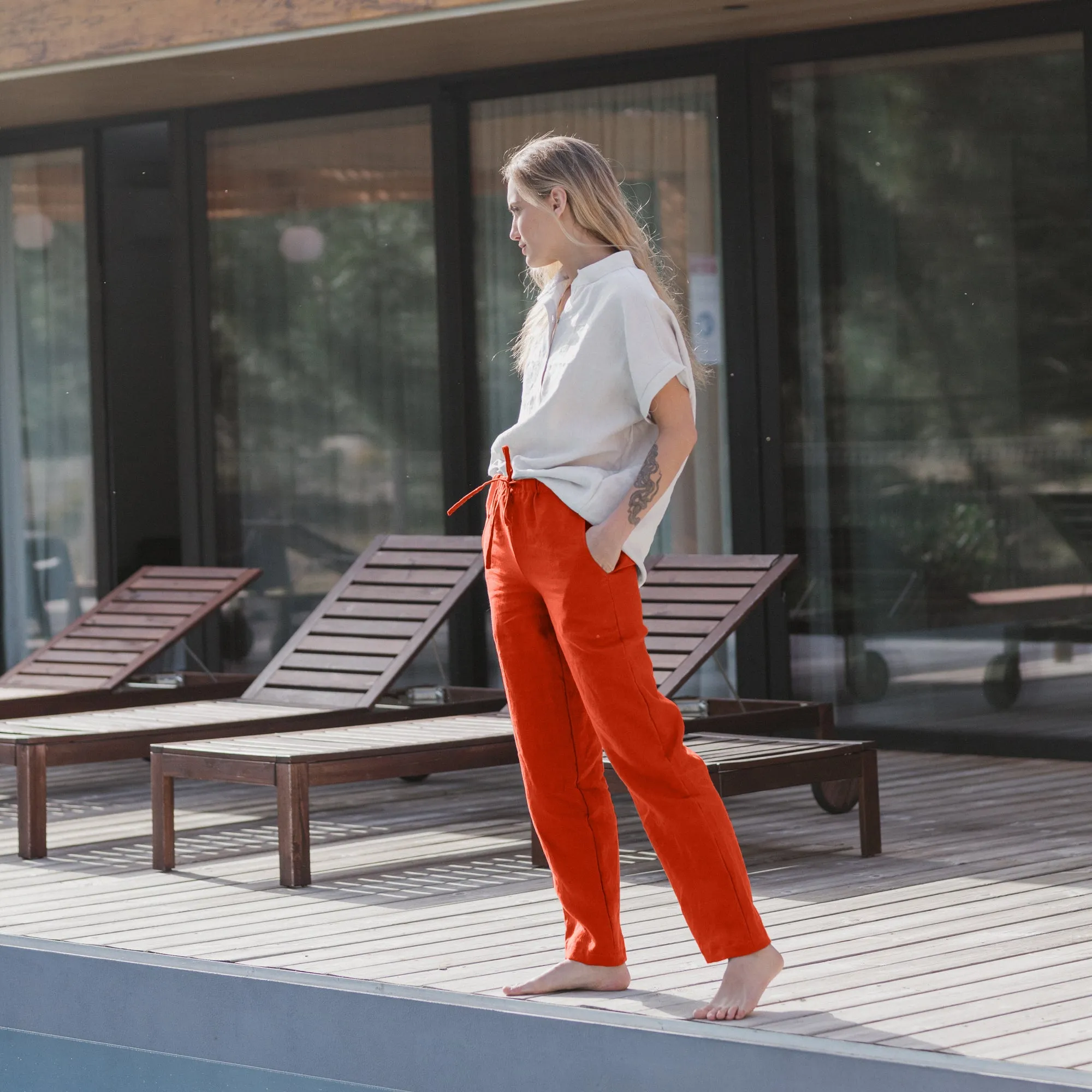 Pantalon décontracté femme en lin corail - Eliane