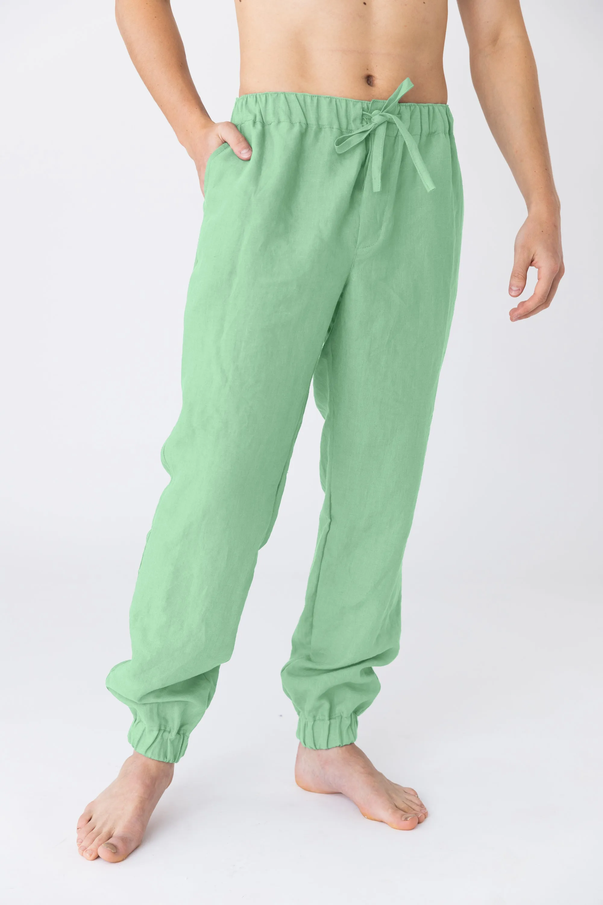 Pantalon homme élastiqué à la taille en lin vert menthe - Gael