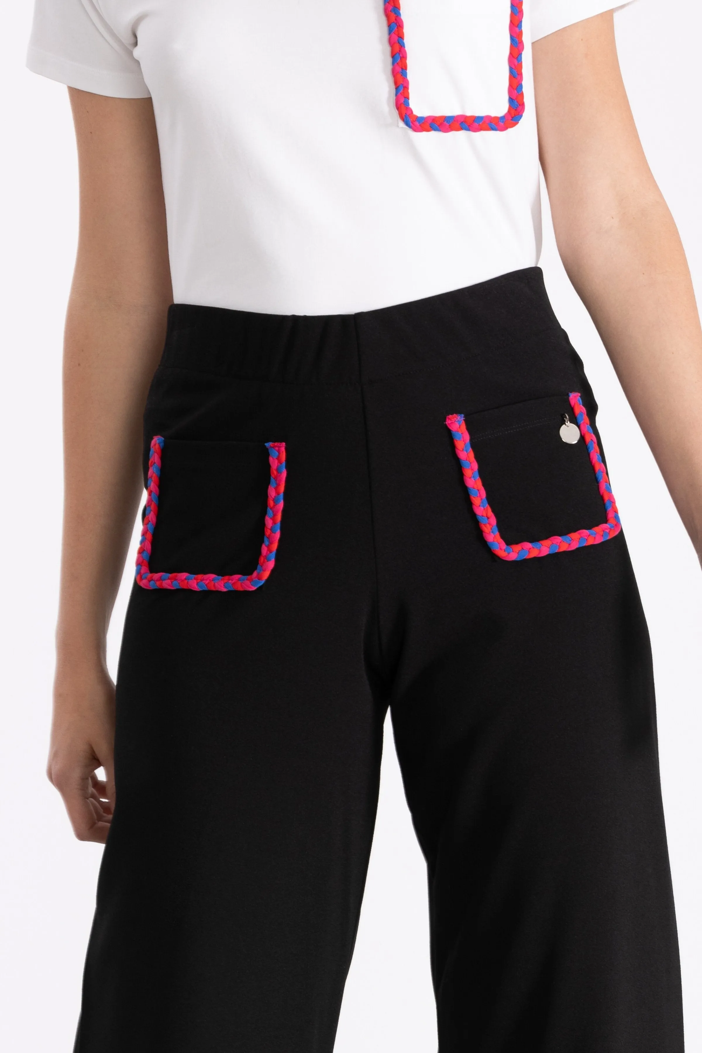 Pantalon negro ancho con bolsillos trenzados fucsia LolitasyL