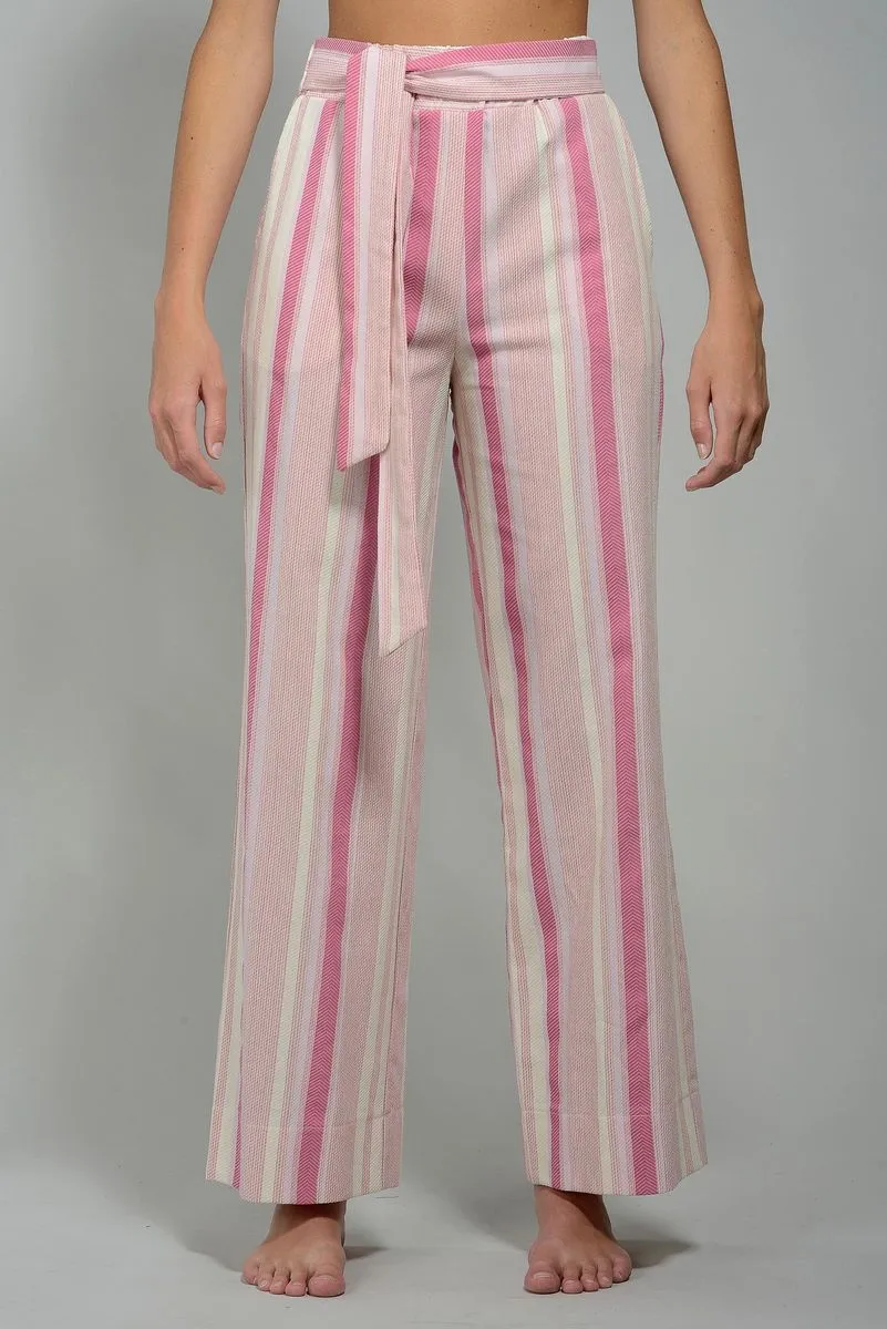 Pantalone rosa-bianco rigato ampio rigato elastico