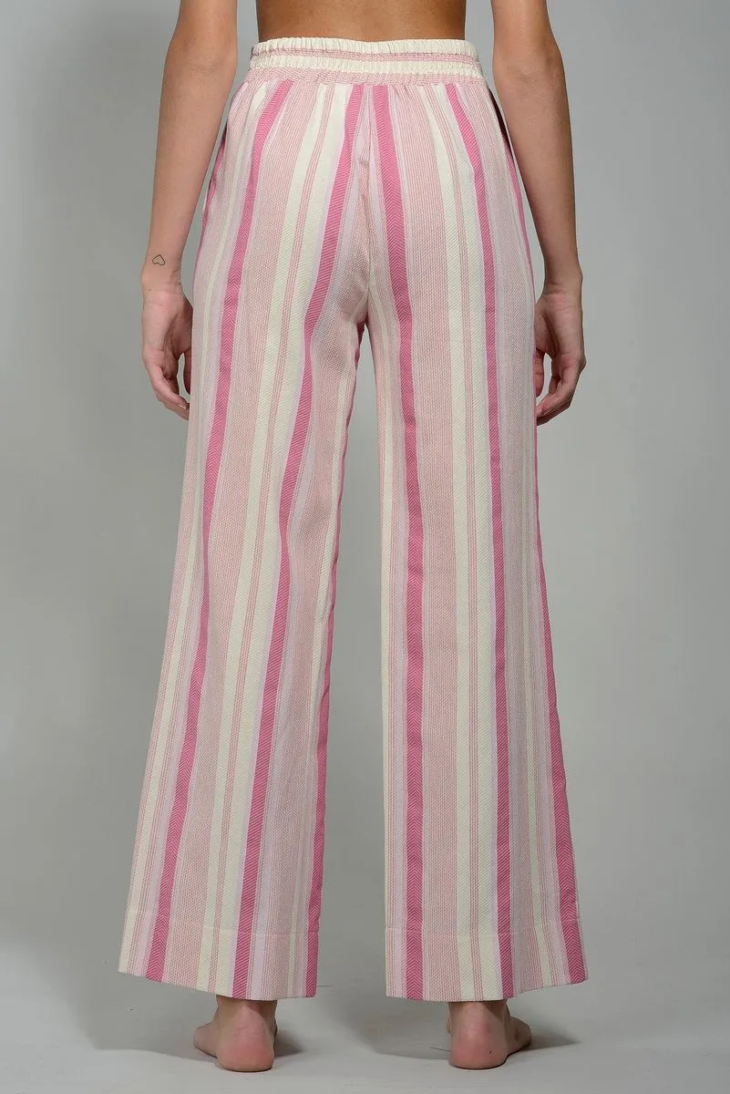 Pantalone rosa-bianco rigato ampio rigato elastico