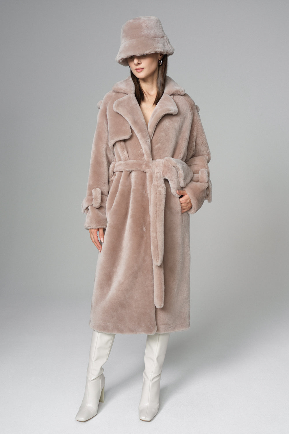 Pink Genuine Lamb Fur Overcoat with Fanny Pack