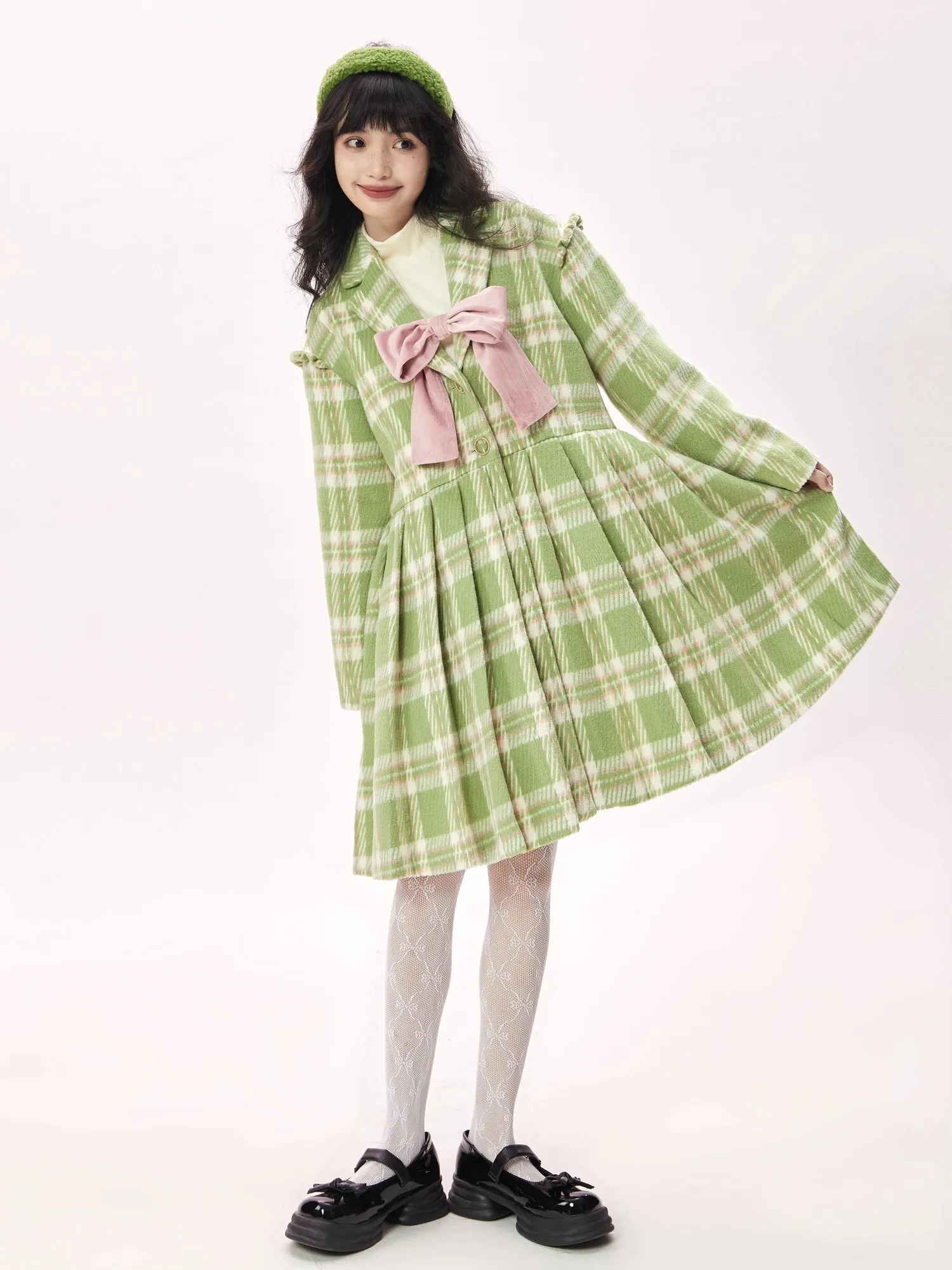 Plaid Bow Mid-length College Style Coat