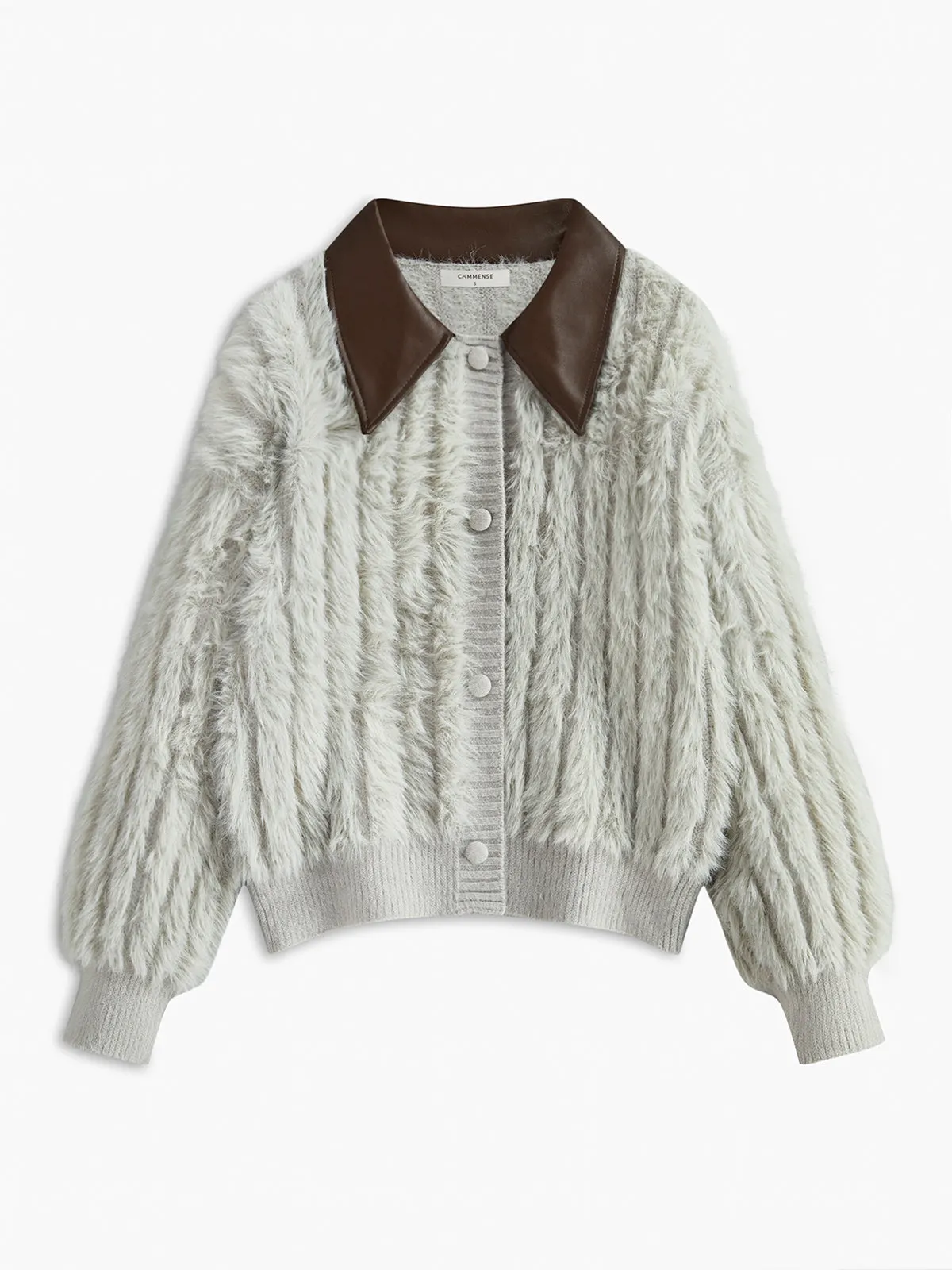 PU-Collar High Stretch Fuzzy Cardigan