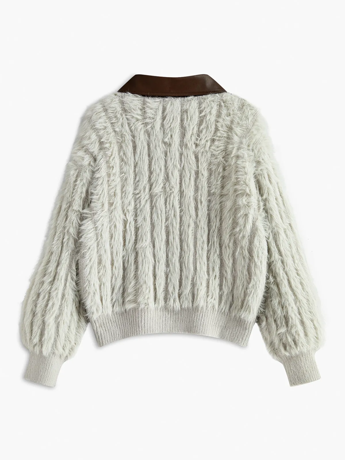 PU-Collar High Stretch Fuzzy Cardigan