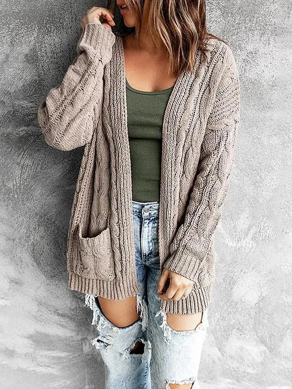 Pull Cardigan Ouvert Manches Longues Tricot Torsadé