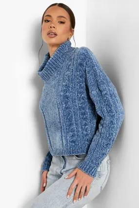 Recycled Chenille Turtleneck Cable Sweater