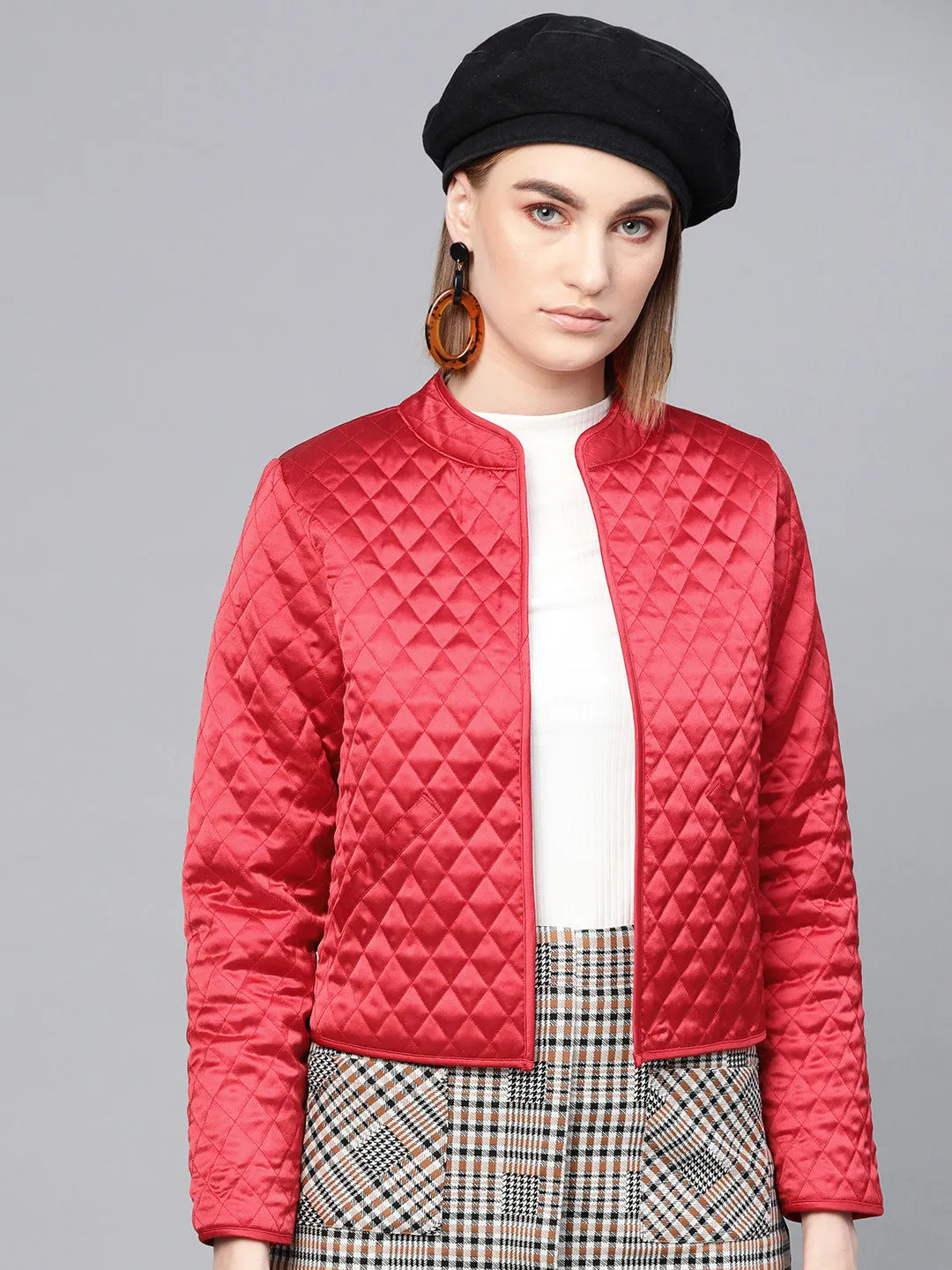 Red Front Open Quilted Jacket