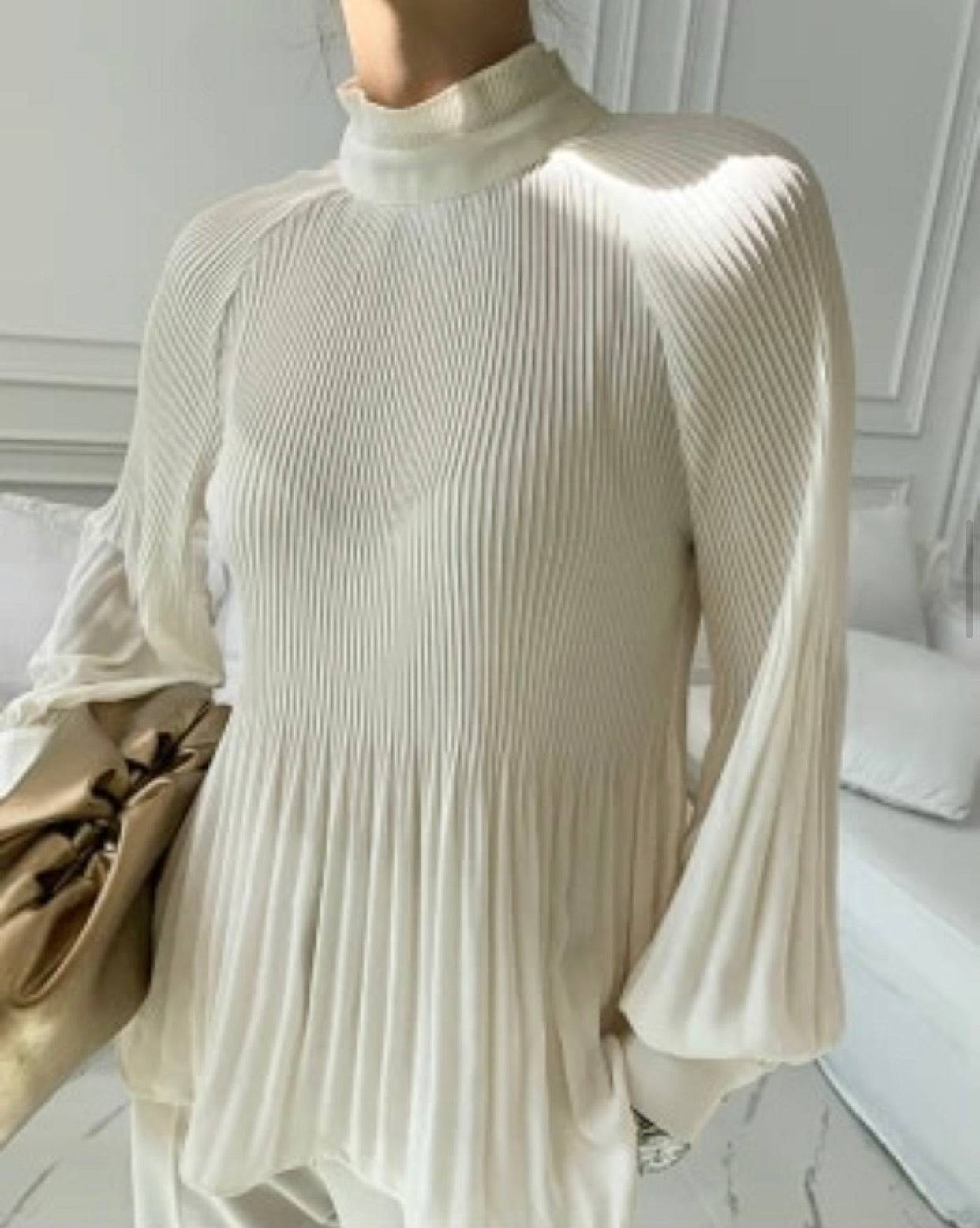 Sheer Long Sleeve Pleated High Neck Top