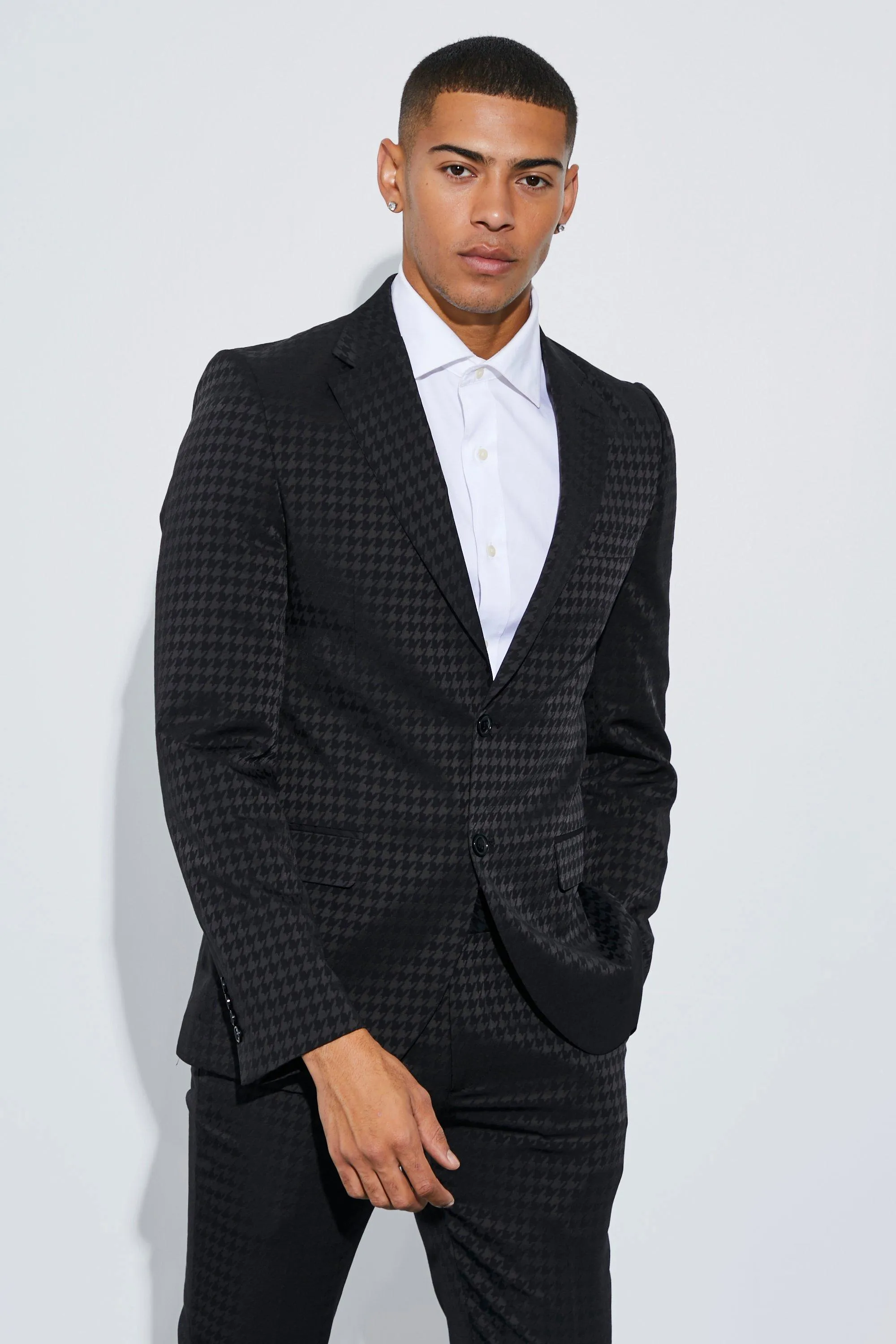 Skinny Tonal Houndstooth Suit Jacket