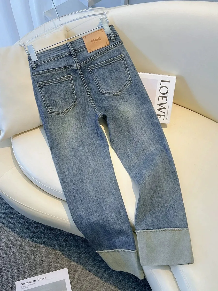 Small Stitched High Waist Straight Jeans Women's Summer Thin 2024 Spring and Autumn New Nine-Point Cigarette Pipe Pants