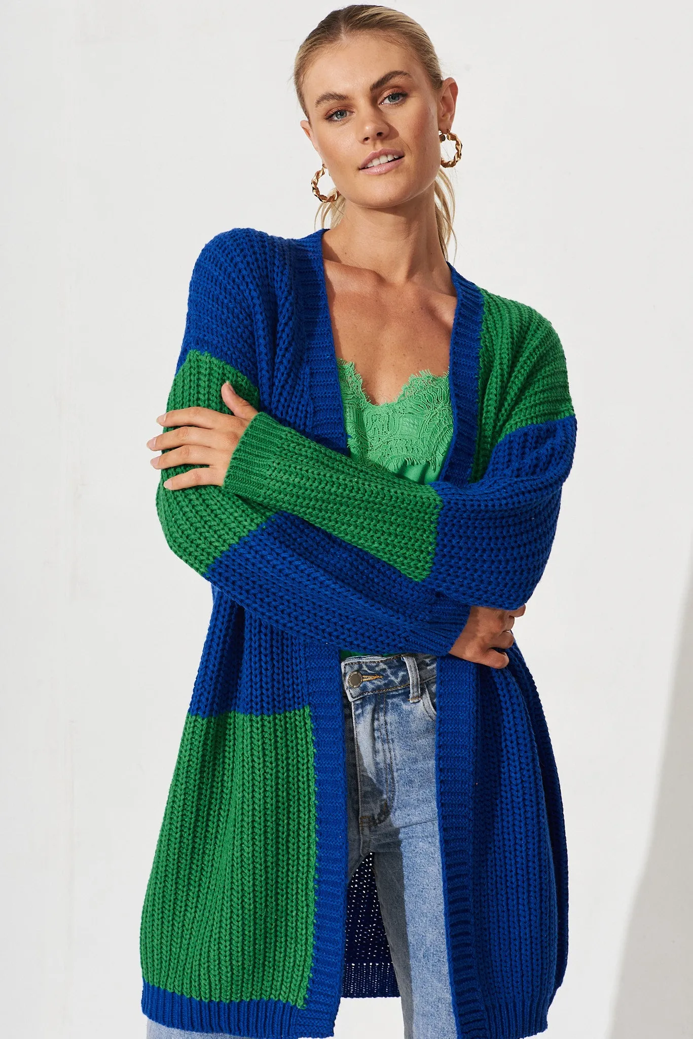 Spezia Knit Cardigan In Blue And Green Colourblock Cotton Blend