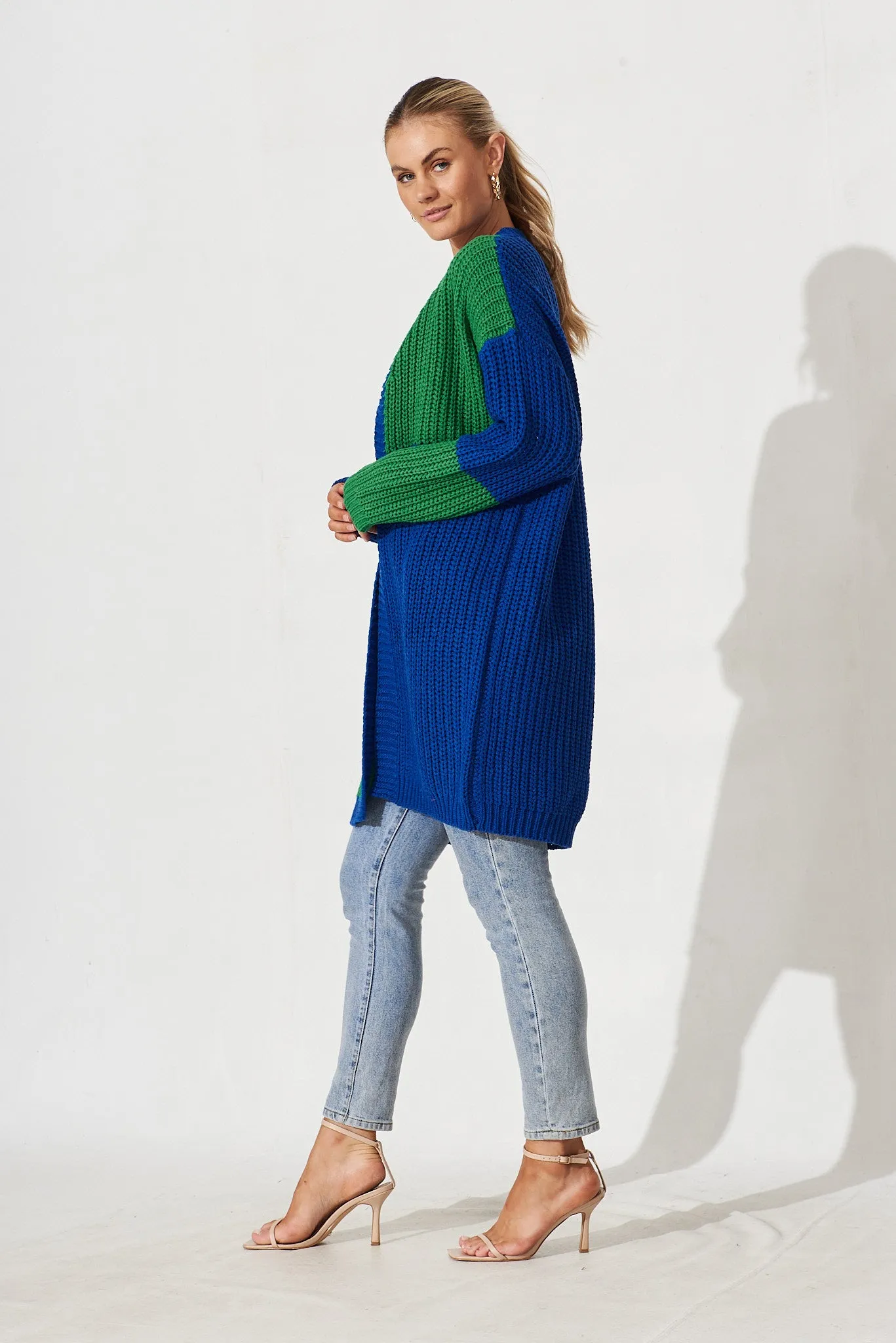 Spezia Knit Cardigan In Blue And Green Colourblock Cotton Blend