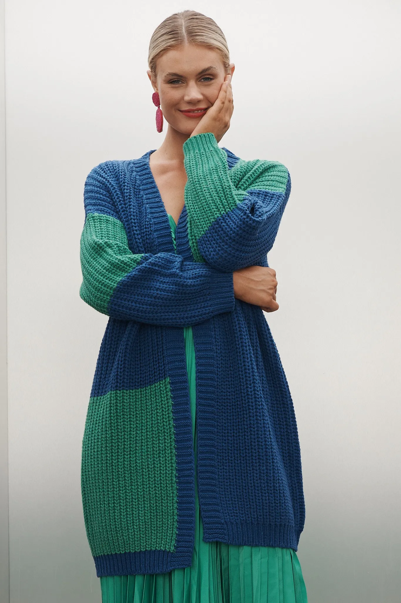 Spezia Knit Cardigan In Blue And Green Colourblock Cotton Blend