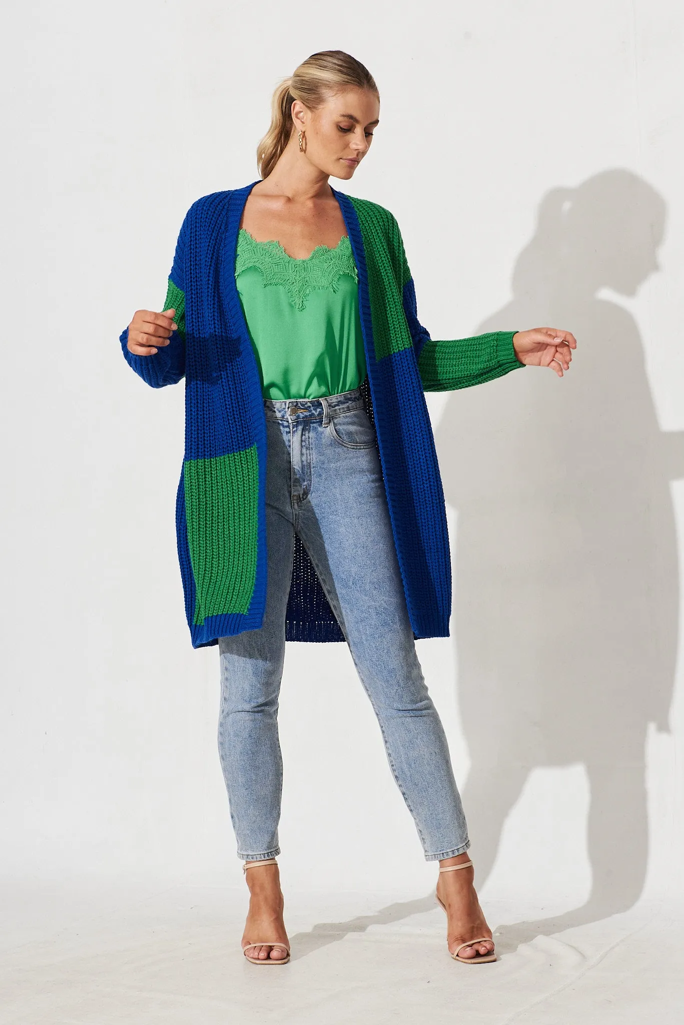 Spezia Knit Cardigan In Blue And Green Colourblock Cotton Blend