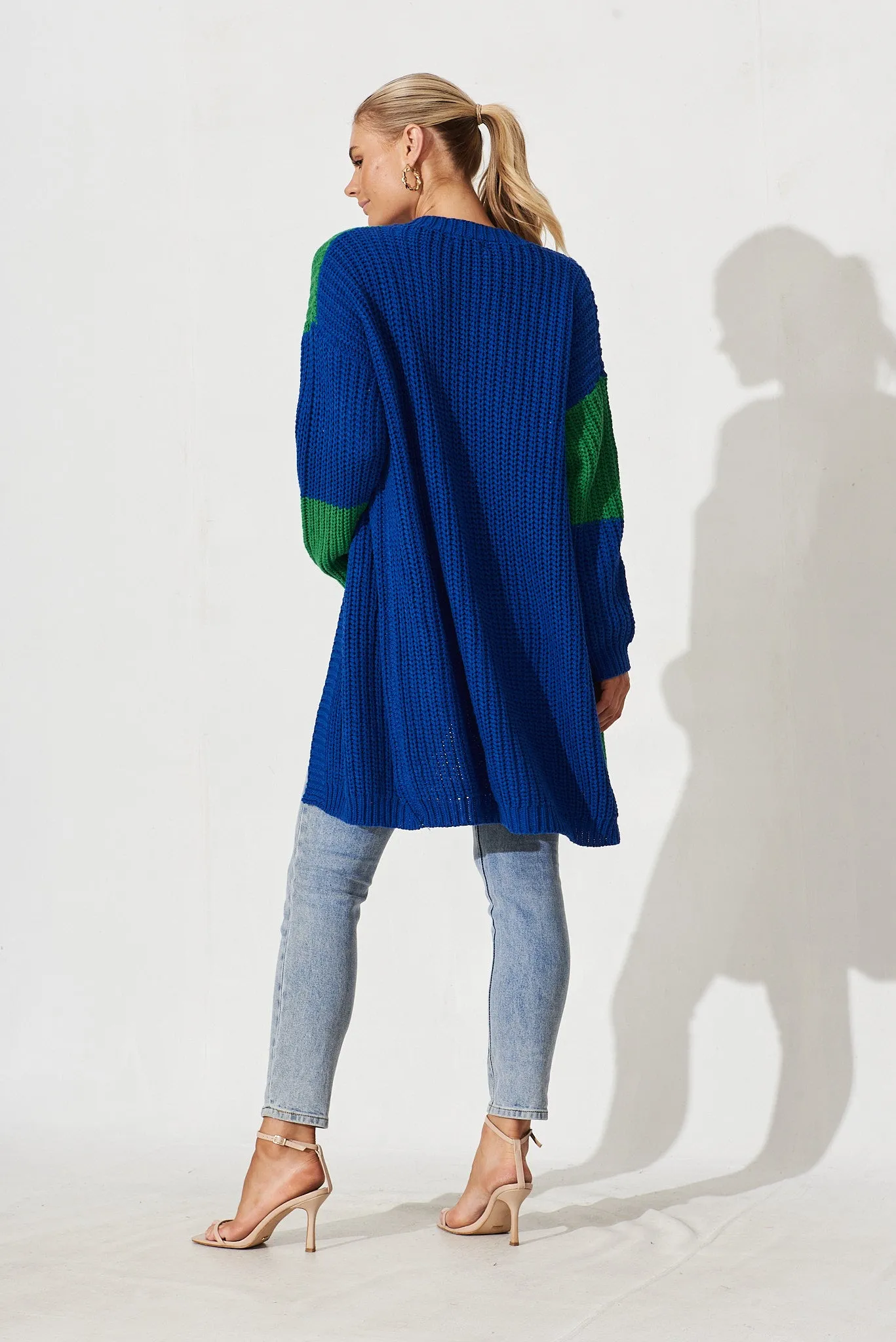 Spezia Knit Cardigan In Blue And Green Colourblock Cotton Blend