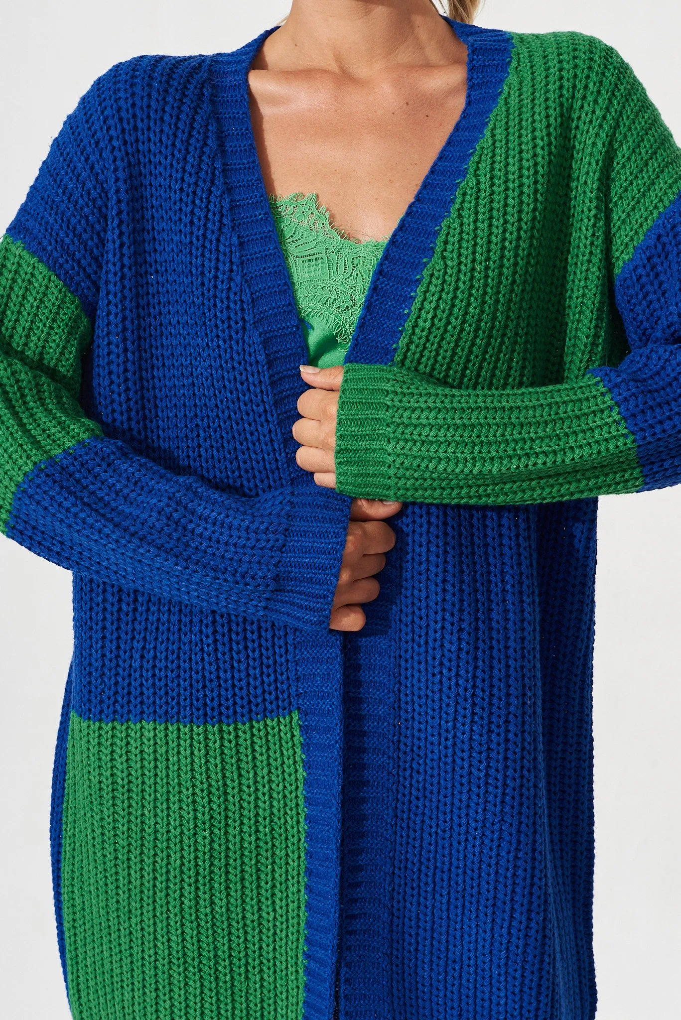 Spezia Knit Cardigan In Blue And Green Colourblock Cotton Blend