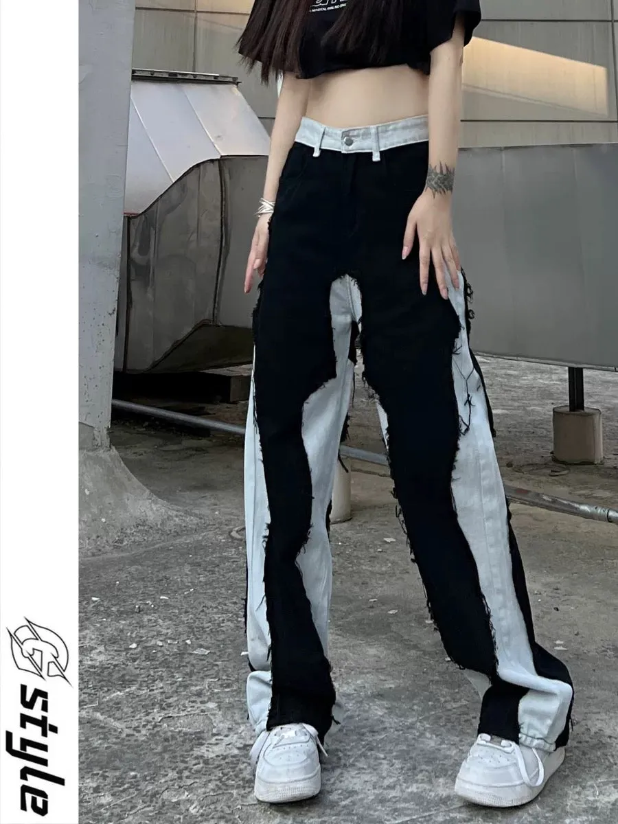 Straight-leg jeans for women, spring high street, versatile design, niche splicing trousers, loose wide-leg pants, ins trend