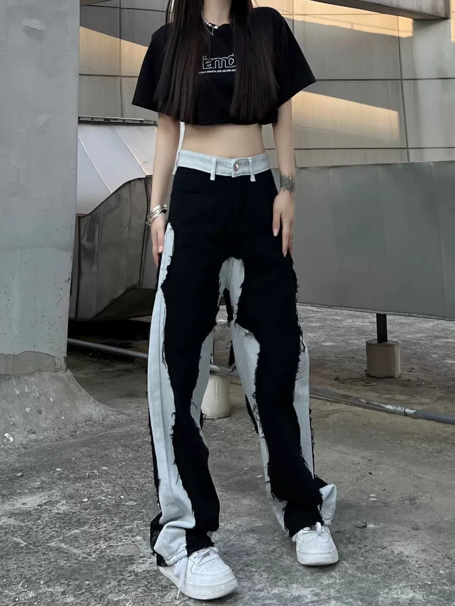 Straight-leg jeans for women, spring high street, versatile design, niche splicing trousers, loose wide-leg pants, ins trend