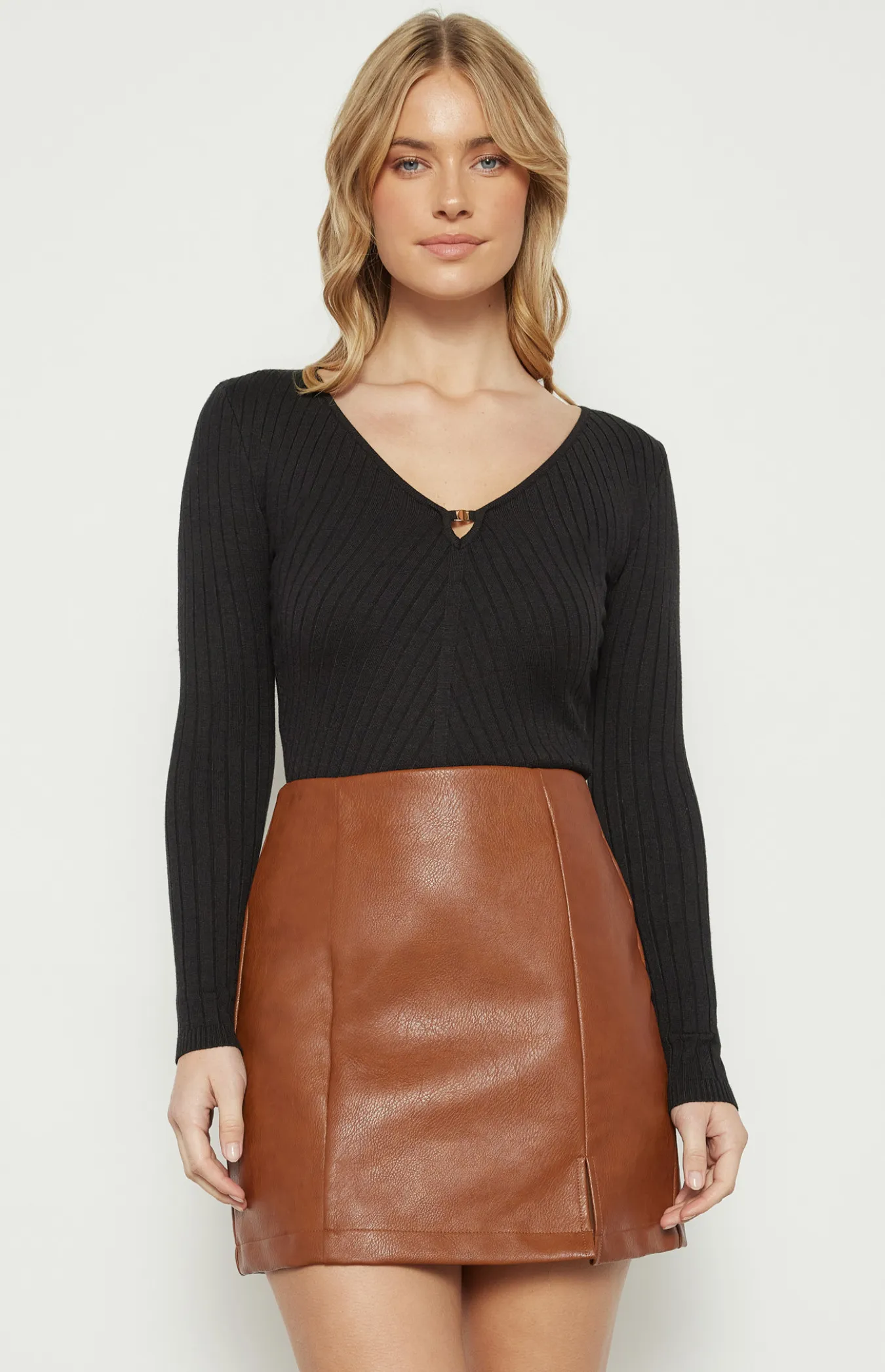 Textured Knit Top with Neckline Buckle Detail (WKN690)