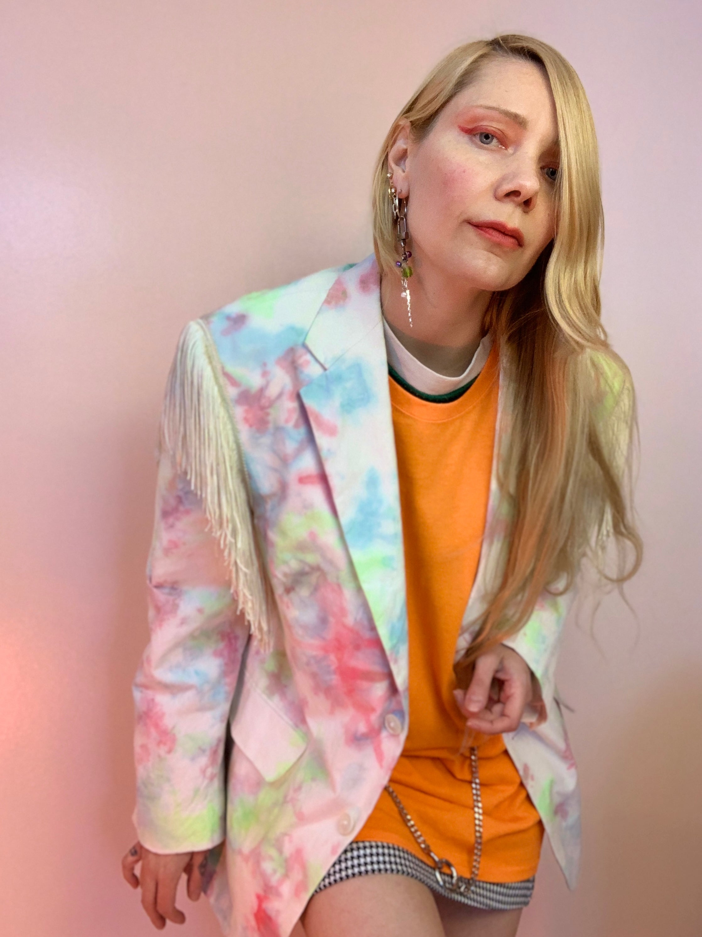 Upcycled tie dye fringe blazer