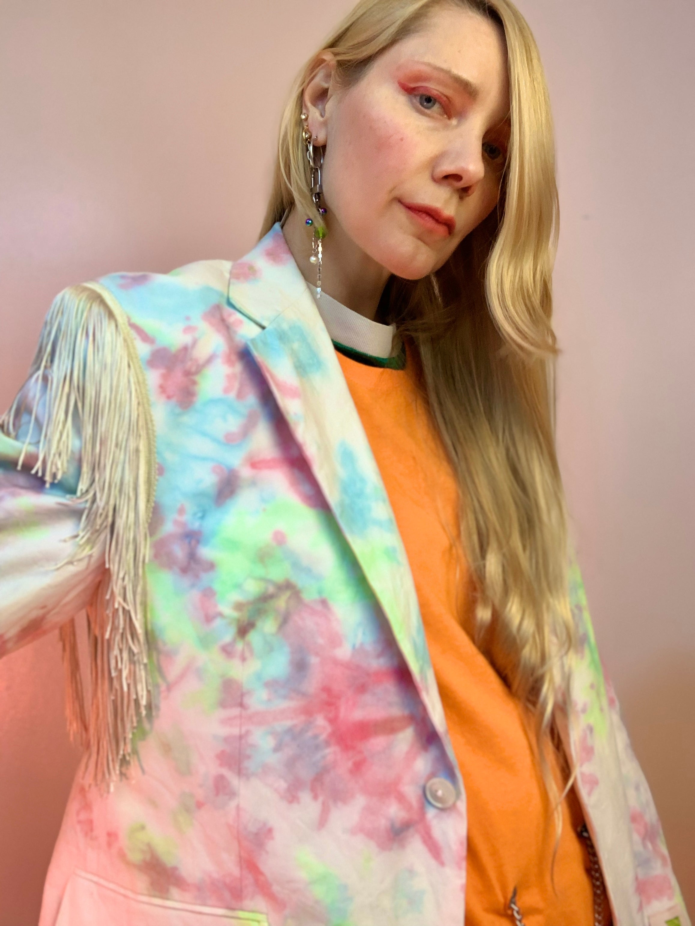 Upcycled tie dye fringe blazer