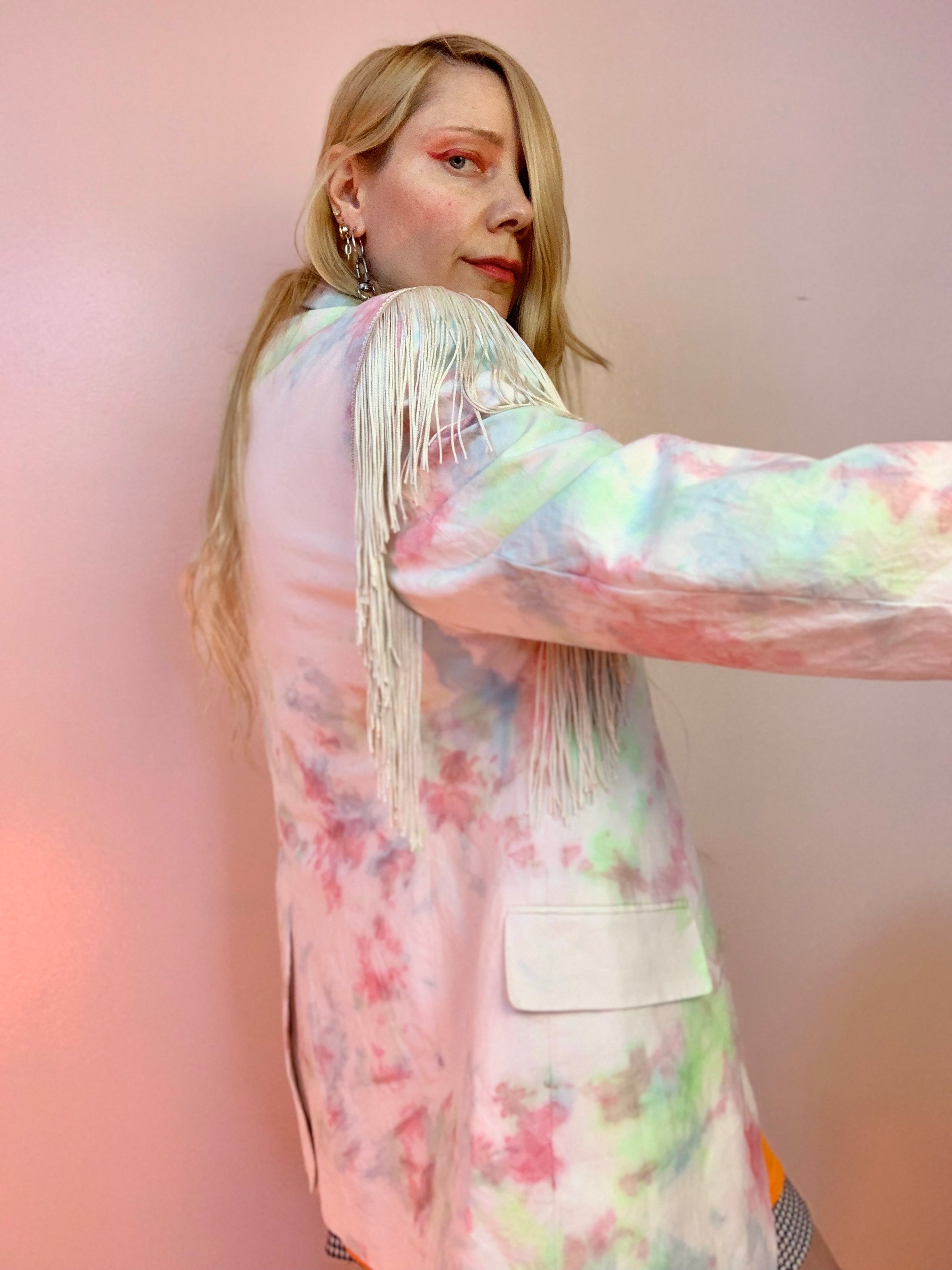 Upcycled tie dye fringe blazer