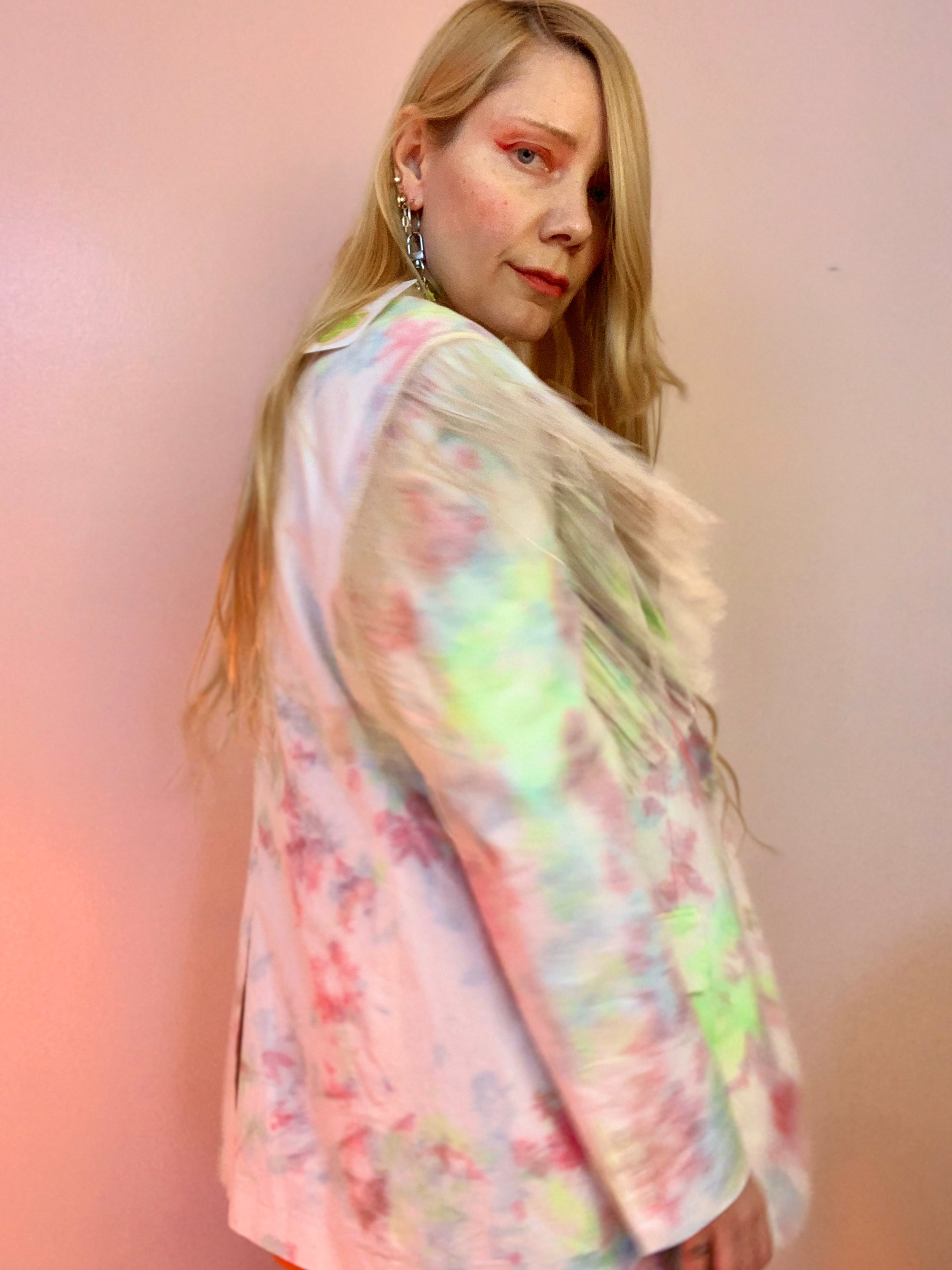 Upcycled tie dye fringe blazer