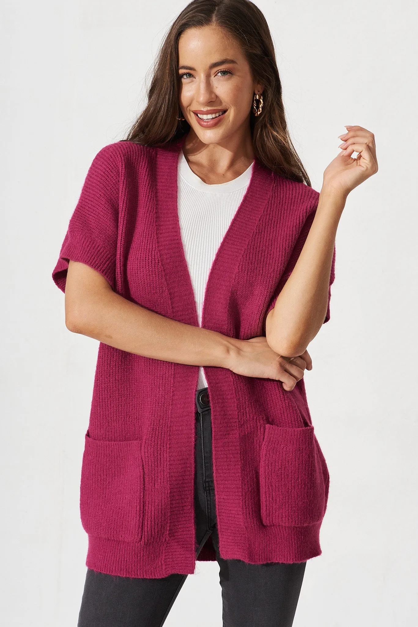 Vienna Knit Cardigan In Magenta Wool Blend