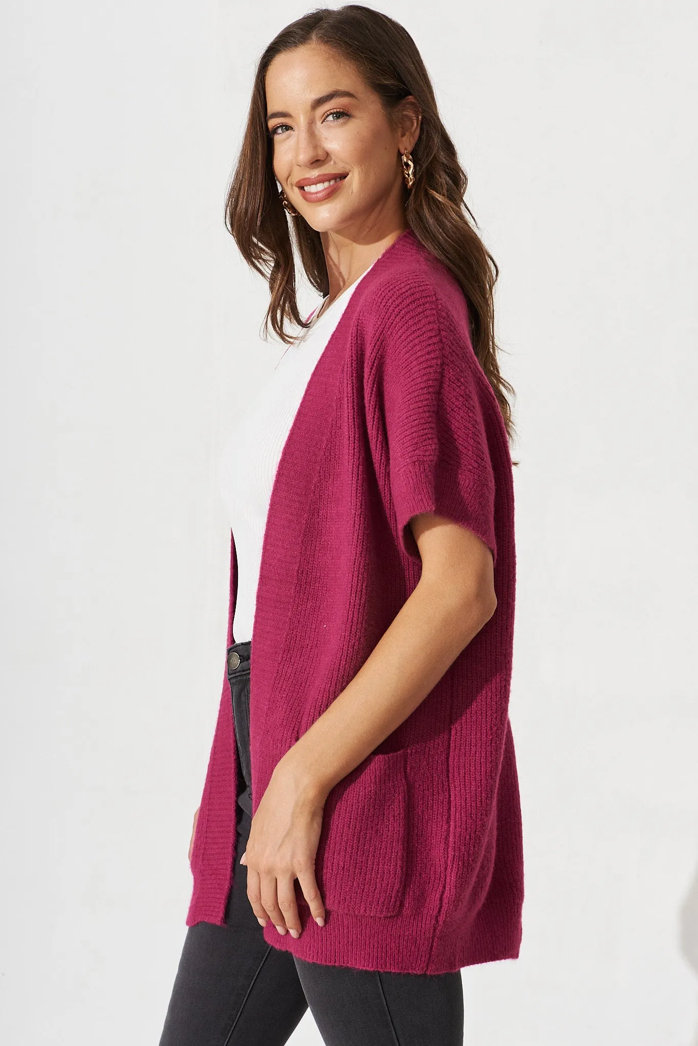 Vienna Knit Cardigan In Magenta Wool Blend