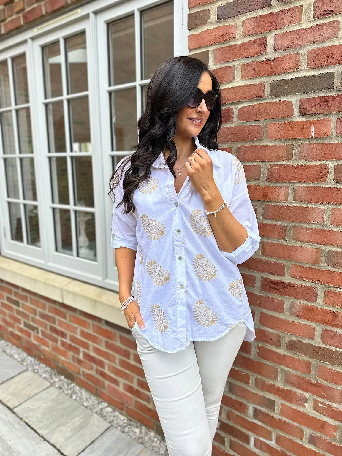 White Gold Shimmer Crochet Paisley Shirt Olivia