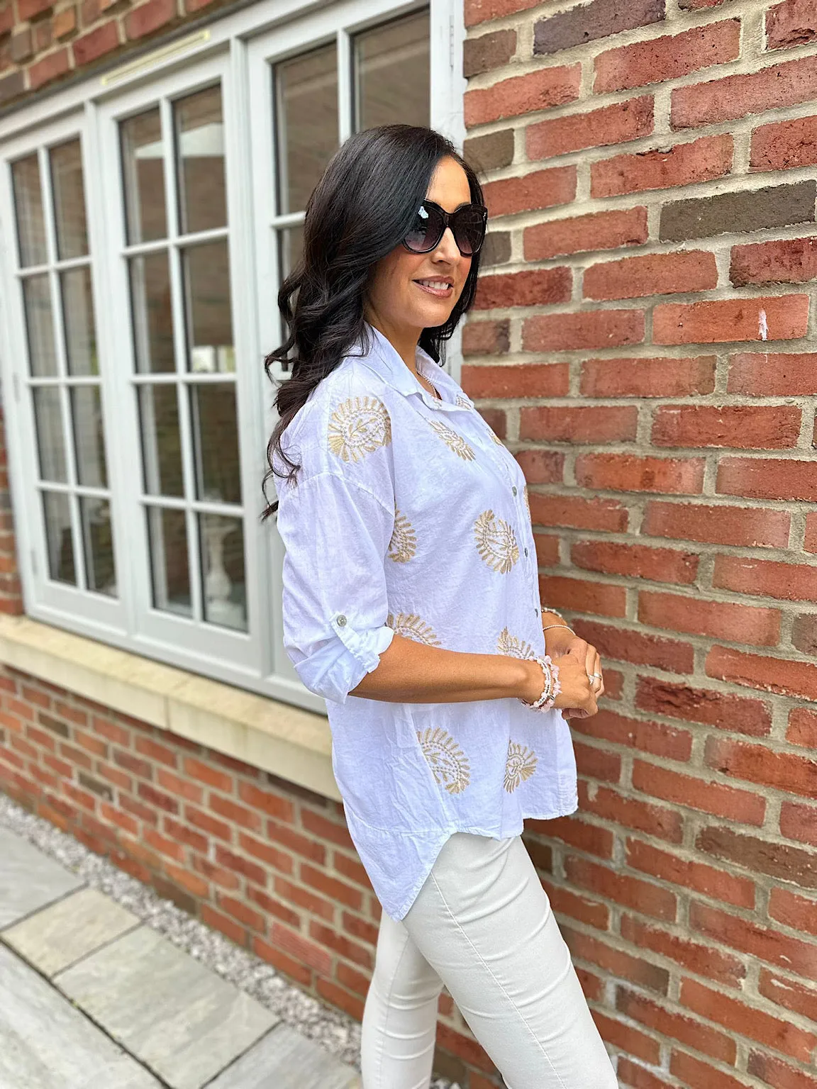 White Gold Shimmer Crochet Paisley Shirt Olivia