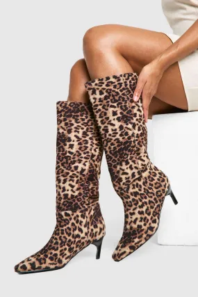 Wide Width Leopard Print Low Square Toe Knee High Boots