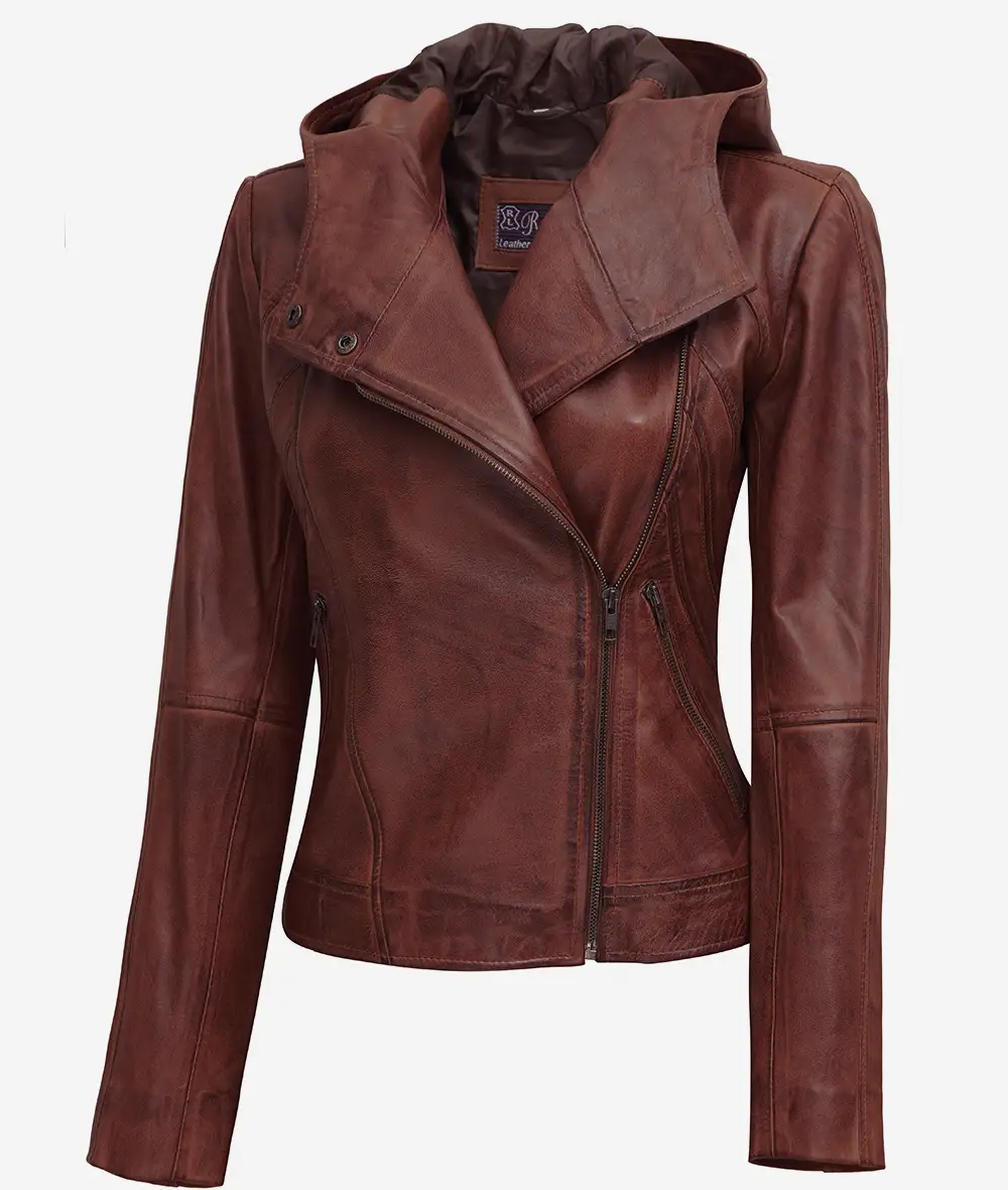 Womens Asymmetrical Brown Moto Leather Jacket with Hood