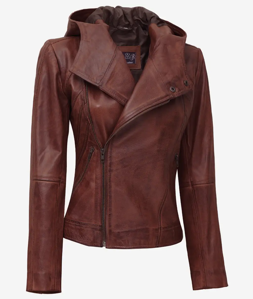 Womens Asymmetrical Brown Moto Leather Jacket with Hood