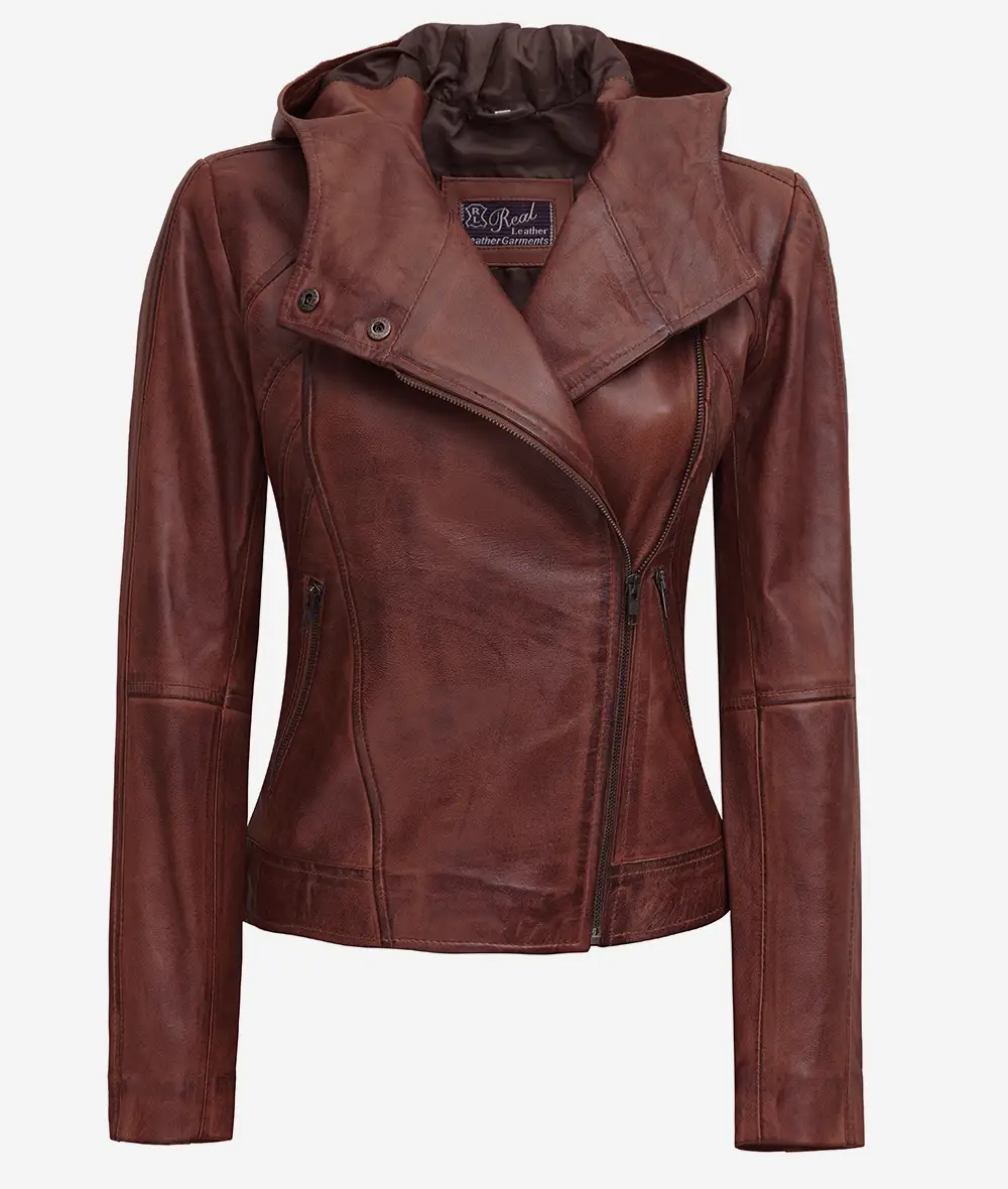 Womens Asymmetrical Brown Moto Leather Jacket with Hood