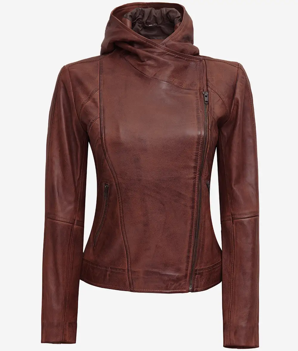 Womens Asymmetrical Brown Moto Leather Jacket with Hood