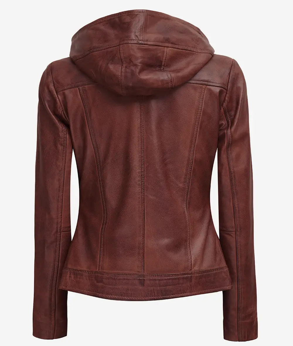 Womens Asymmetrical Brown Moto Leather Jacket with Hood