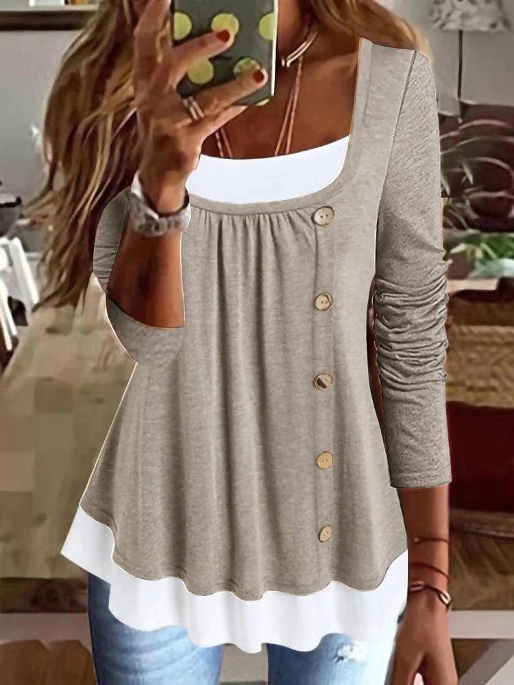 Women's Color Block Button Flowing Tunic Blouse